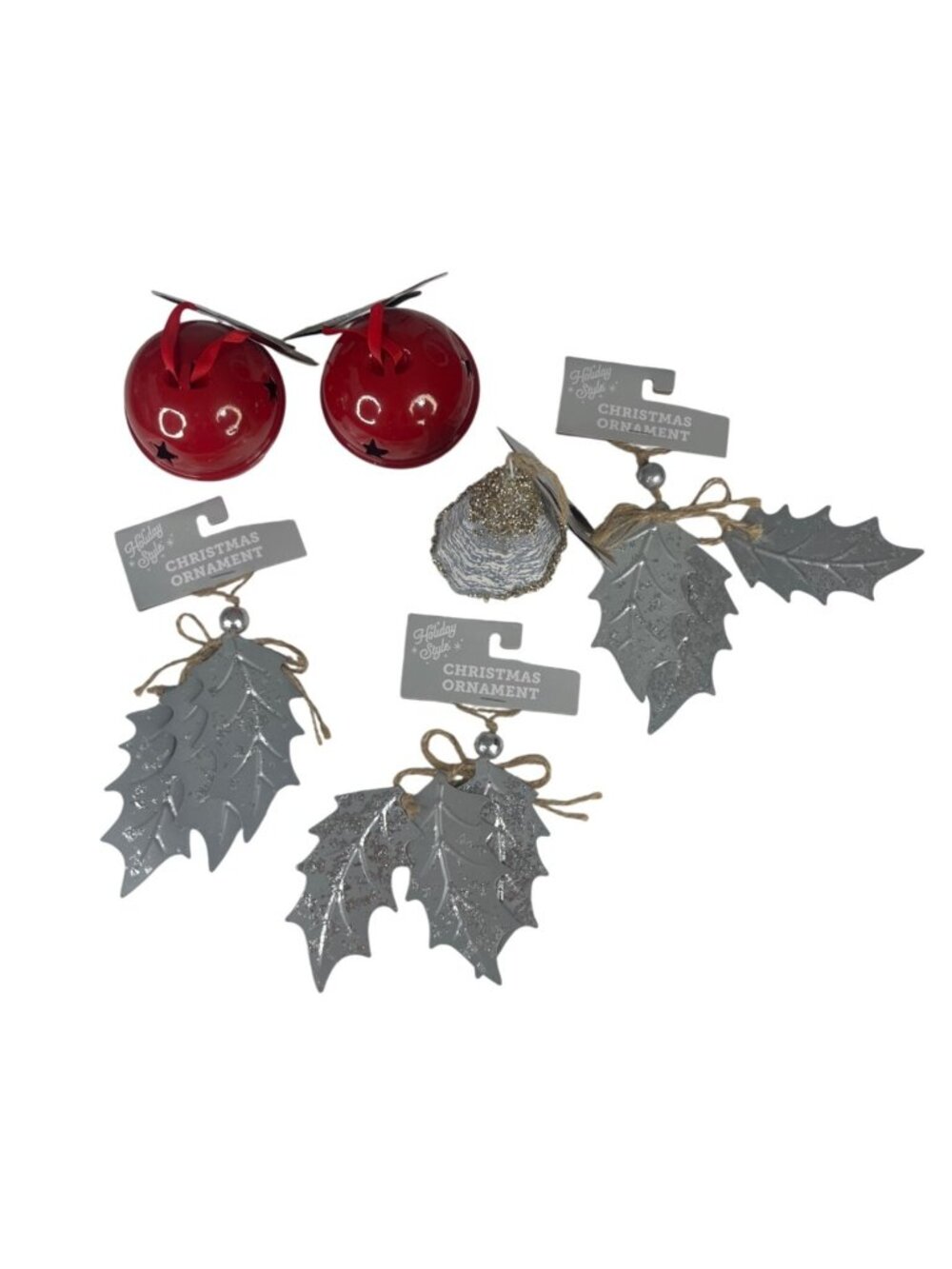 Holiday Style Christmas Ornaments Set Of 6 Bells Leaves Trees New Silver Red‎